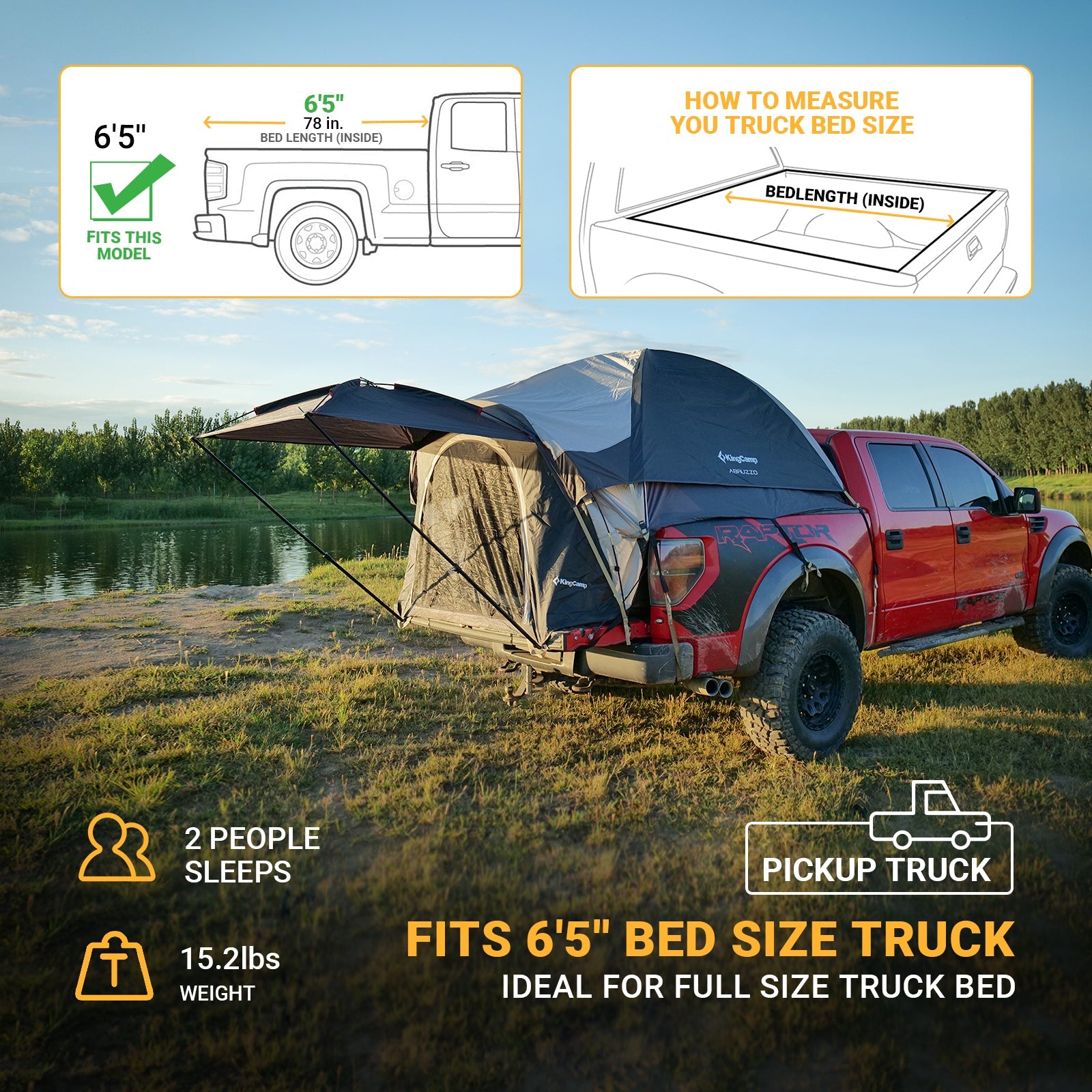 KingCamp 2 Person 6'5" Truck Bed Tent with Removable Awing